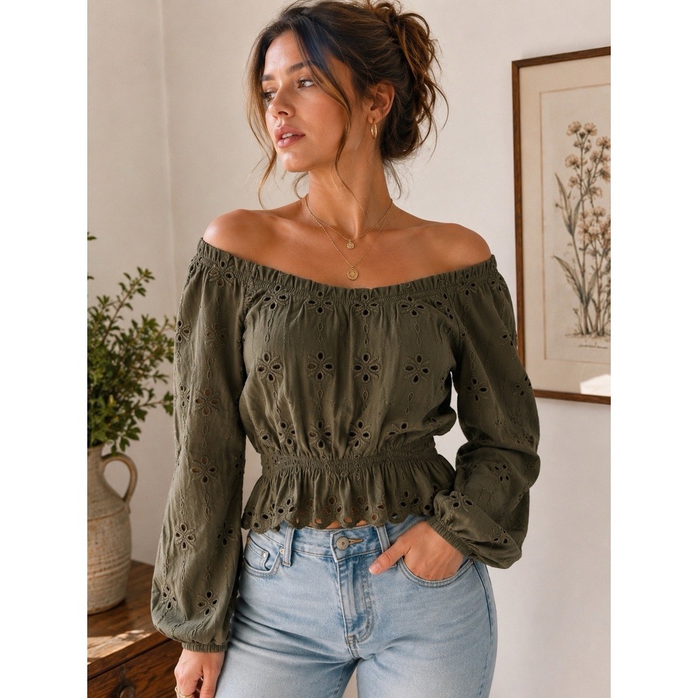 H&M Olive Green Eyelet Embroidered Peplum Blouse Puff Sleeve Cottagecore S